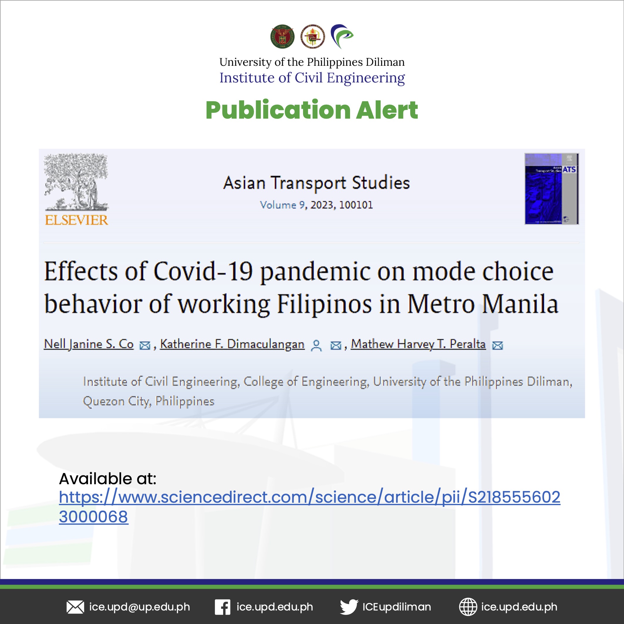 Publication Alert: Effects of Covid-19 pandemic on mode choice behavior of working Filipinos in Metro Manila