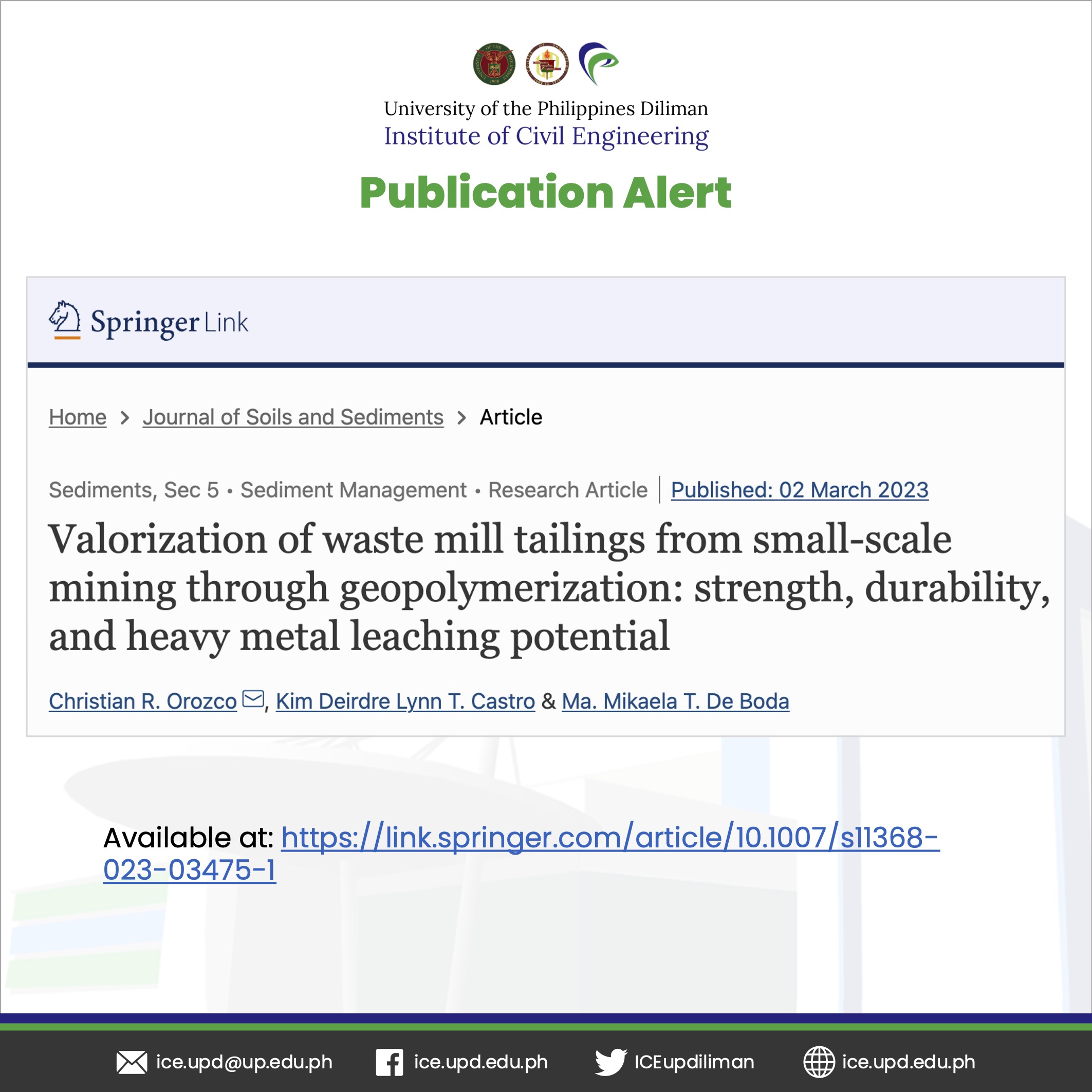Publication Alert: Valorization of waste mill tailings from small-scale mining through geopolymerization: strength, durability, and heavy metal leaching potential