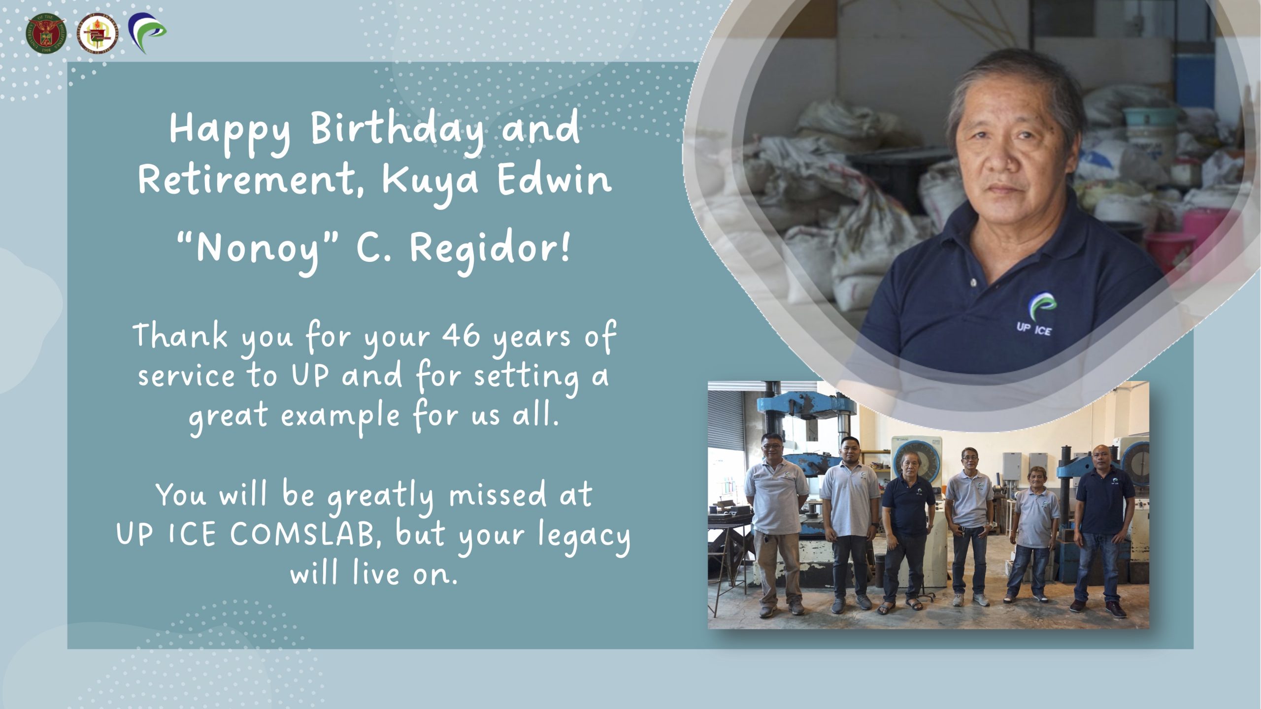 Edwin Regidor, CoMSLab technician, retires after 46 years of service to UP