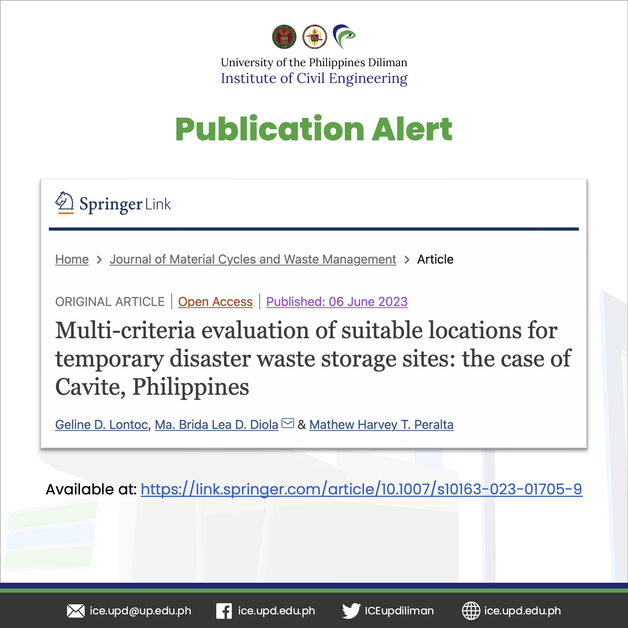 Publication Alert: Multi-criteria evaluation of suitable locations for temporary disaster waste storage sites: the case of Cavite, Philippines