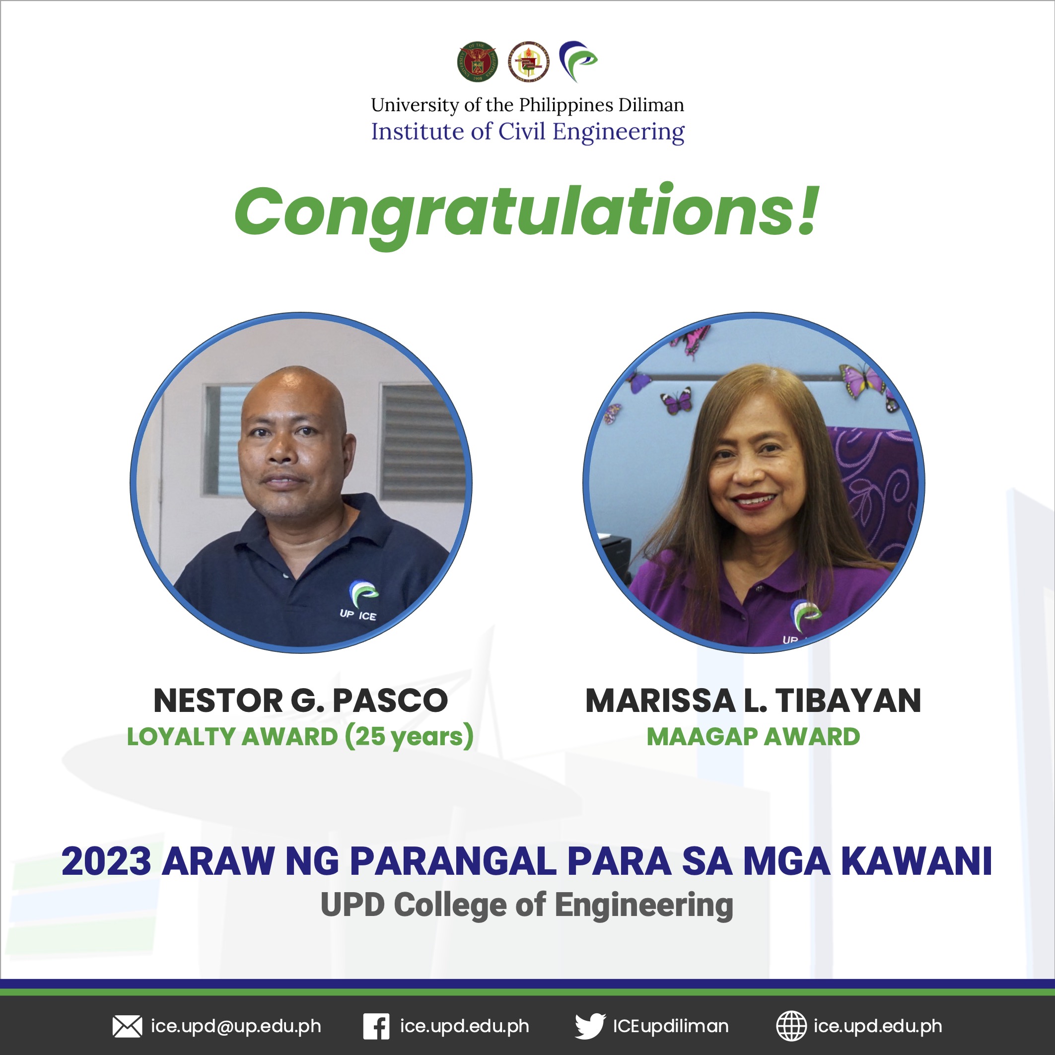 Pasco and Tibayan, UP ICE Staff members, received awards in 2023 Araw ng Parangal para sa mga Kawani