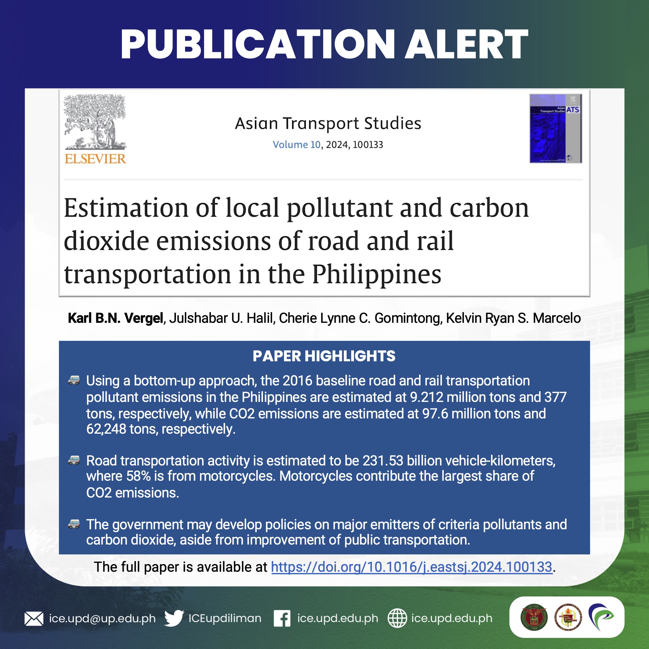 Publication Alert: Dr. Vergel publishes an article on estimation of pollutant emissions of road and rail transportation in the Philippines