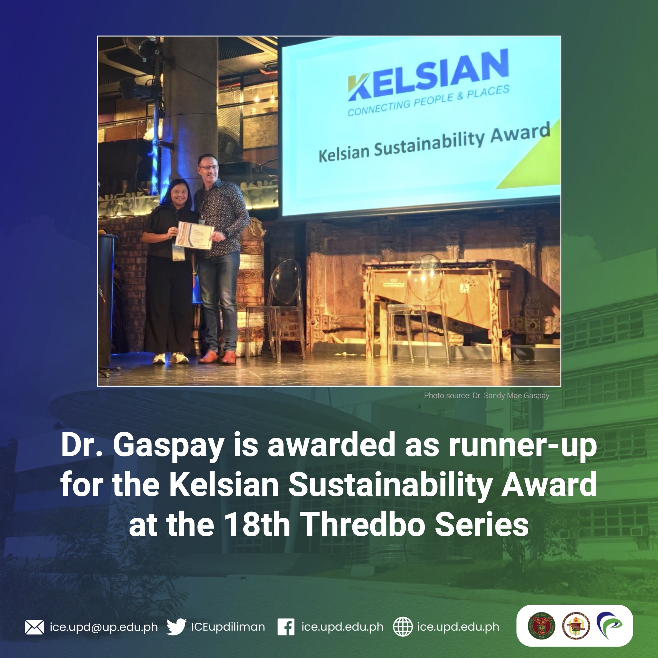 Dr. Gaspay is awarded as runner-up for the Kelsian Sustainability Award at the 18th Thredbo Series