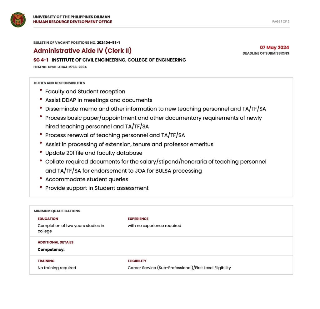 Job Vacancy: Administrative Aide IV (Clerk II)