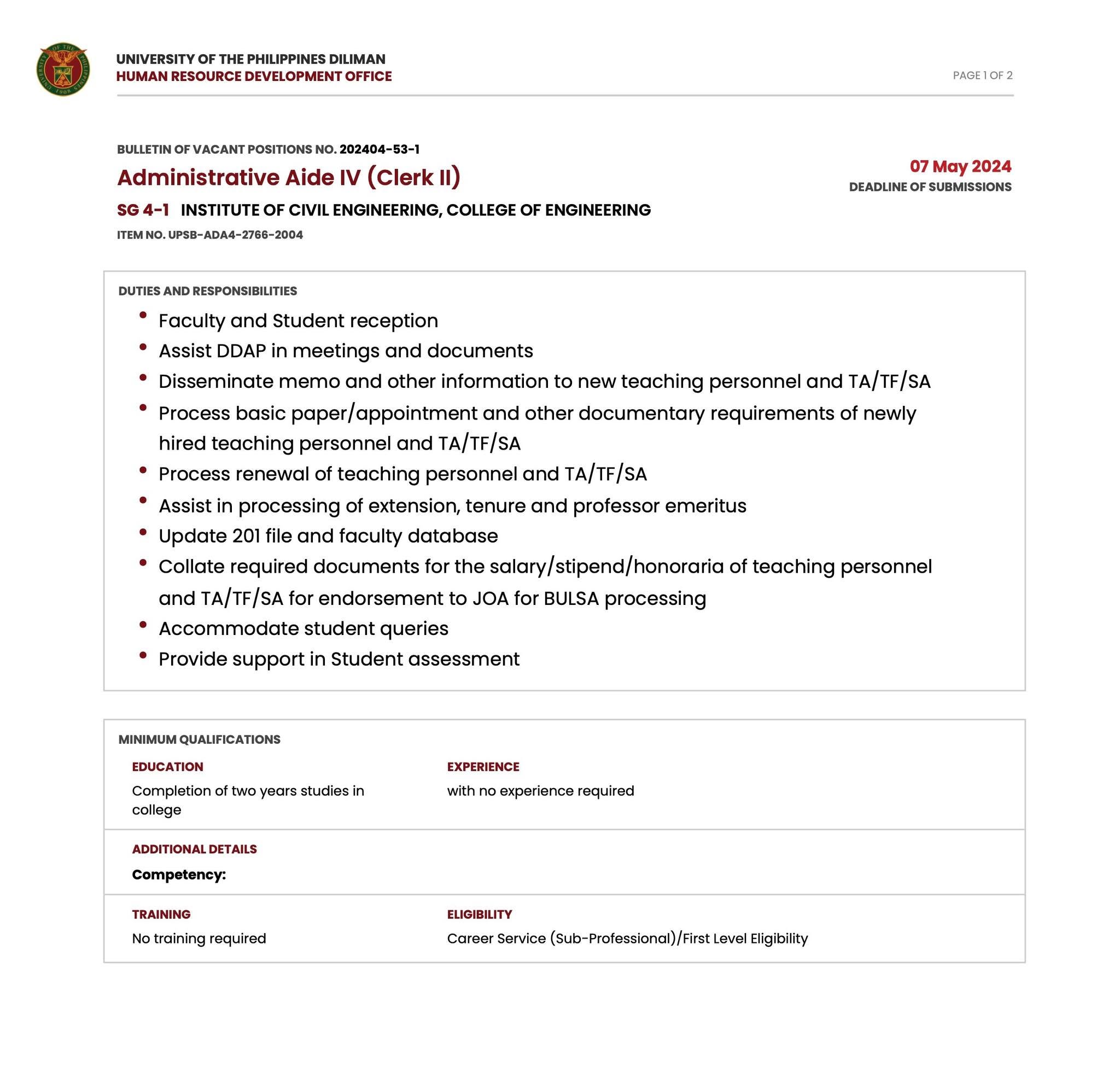Job Vacancy: Administrative Aide IV (Clerk II)