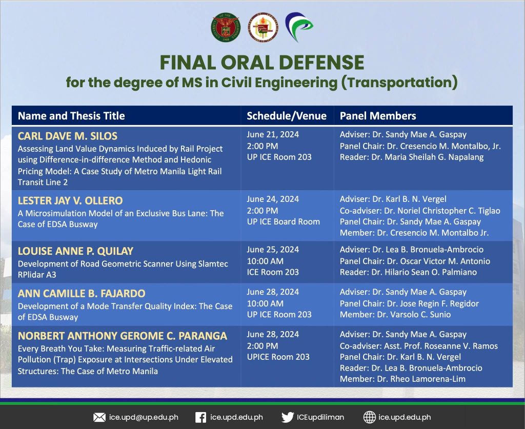 MS Civil Engineering-Transportation Thesis Oral Defenses Set at UP ICE